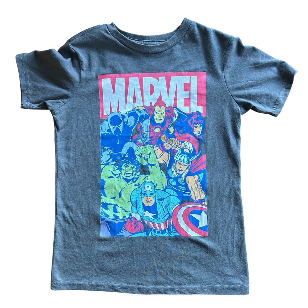 Marvel Avengers Boys Size 6 7 Gray Graphic T Shirt Captain America Hulk Iron Man